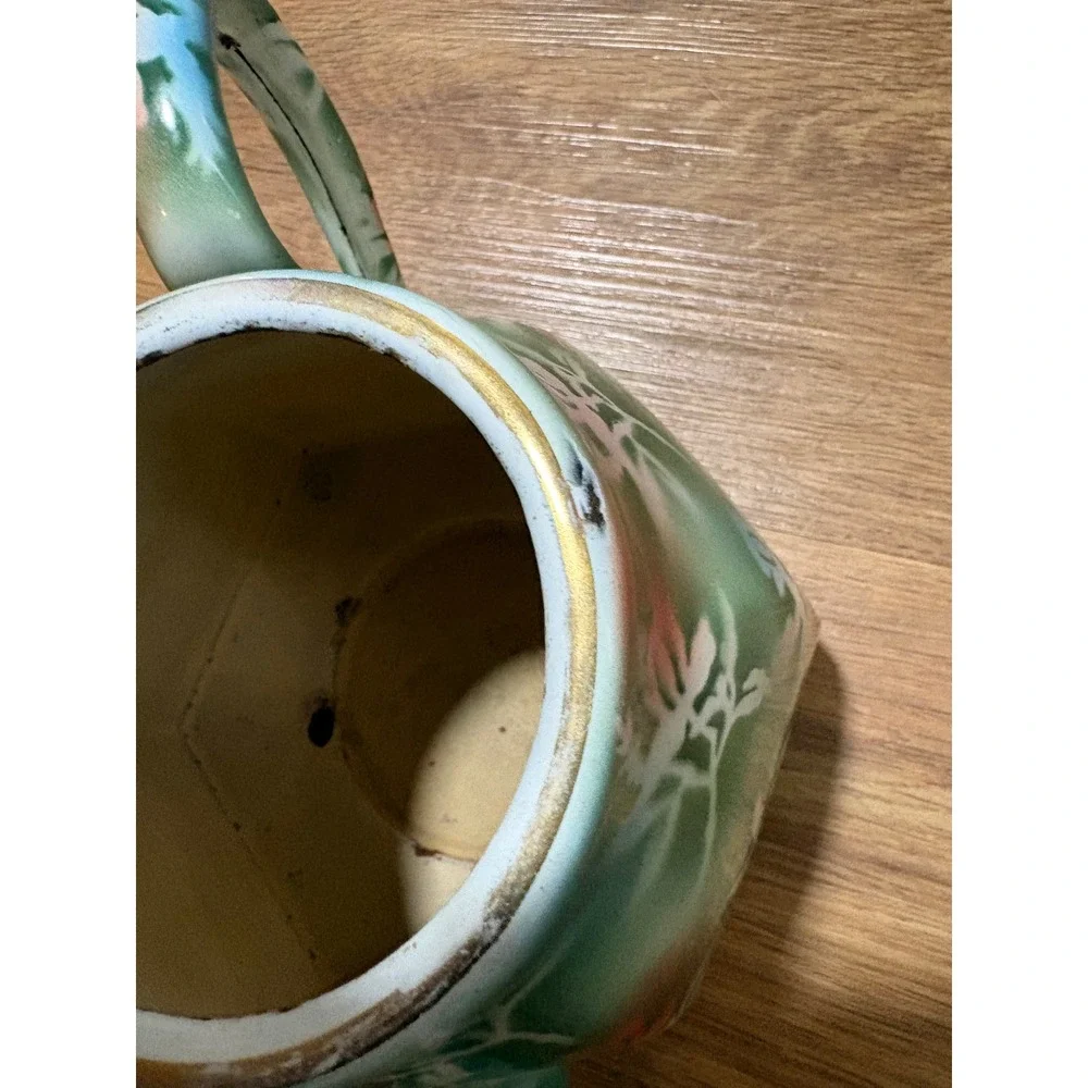 Vintage Czechoslovakia Enamelware Teapot Floral Gold Trim Blue White 8 Cup